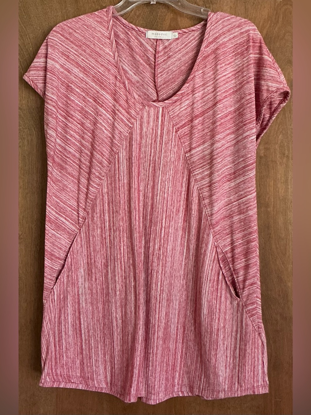 Mododoc Pink Space Dye V-Neck Tunic Top Women Short Sleeve Slub Knit Pockets L